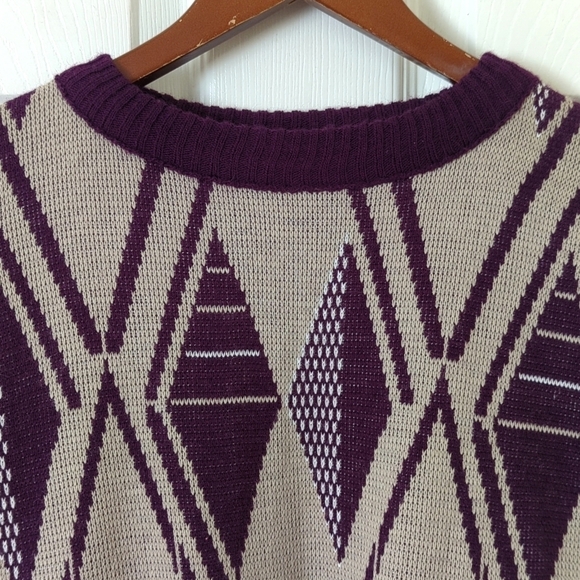 Aspetuck Trading Co. 90's Vintage Funky Knit Crewneck Sweater Taupe Purple XL - Picture 2 of 12